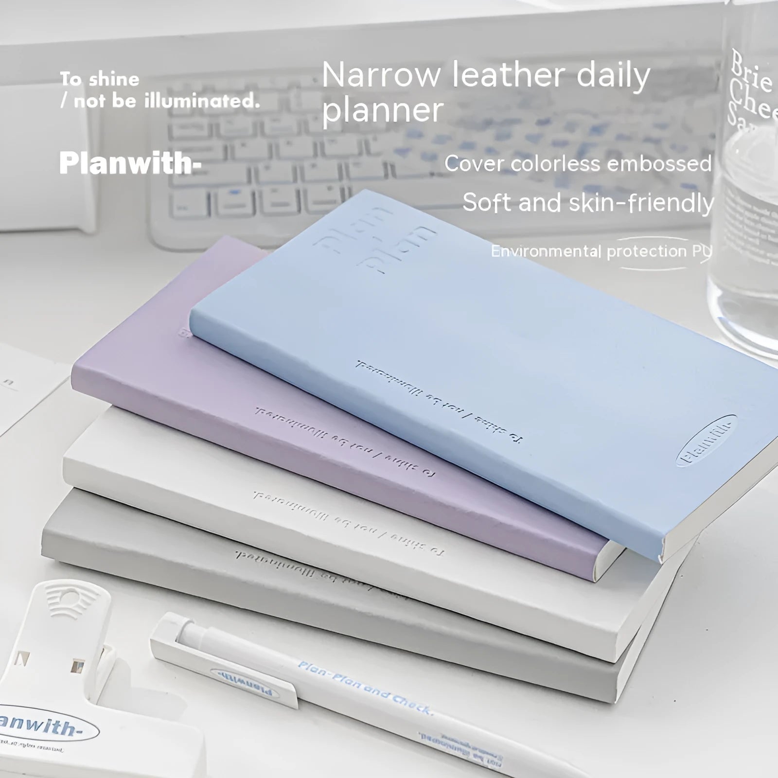 Embossed metre book notebook showing five cover colour options: white, purple, blue, grey and protective cover