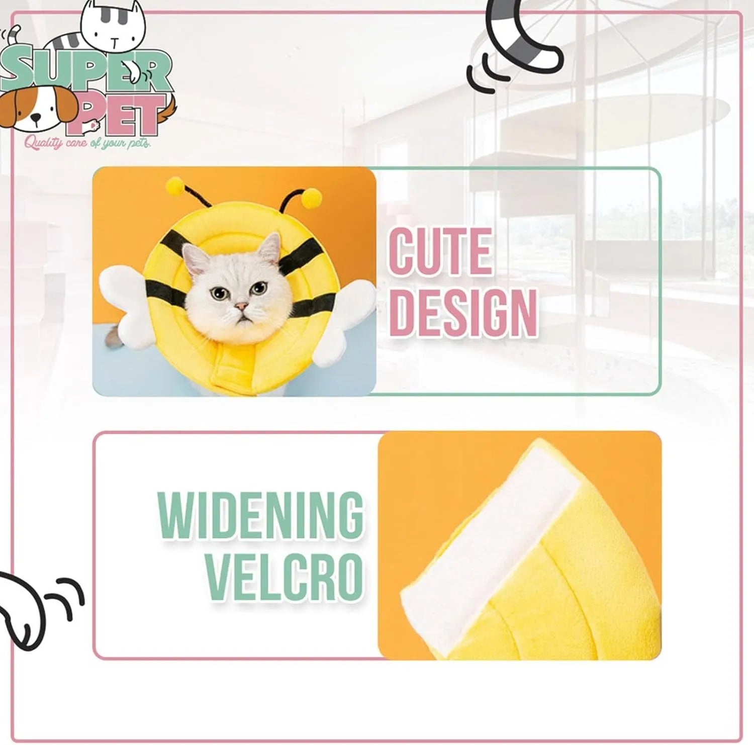 Soft bee design cat recovery cone collar with Velcro closure in four sizes