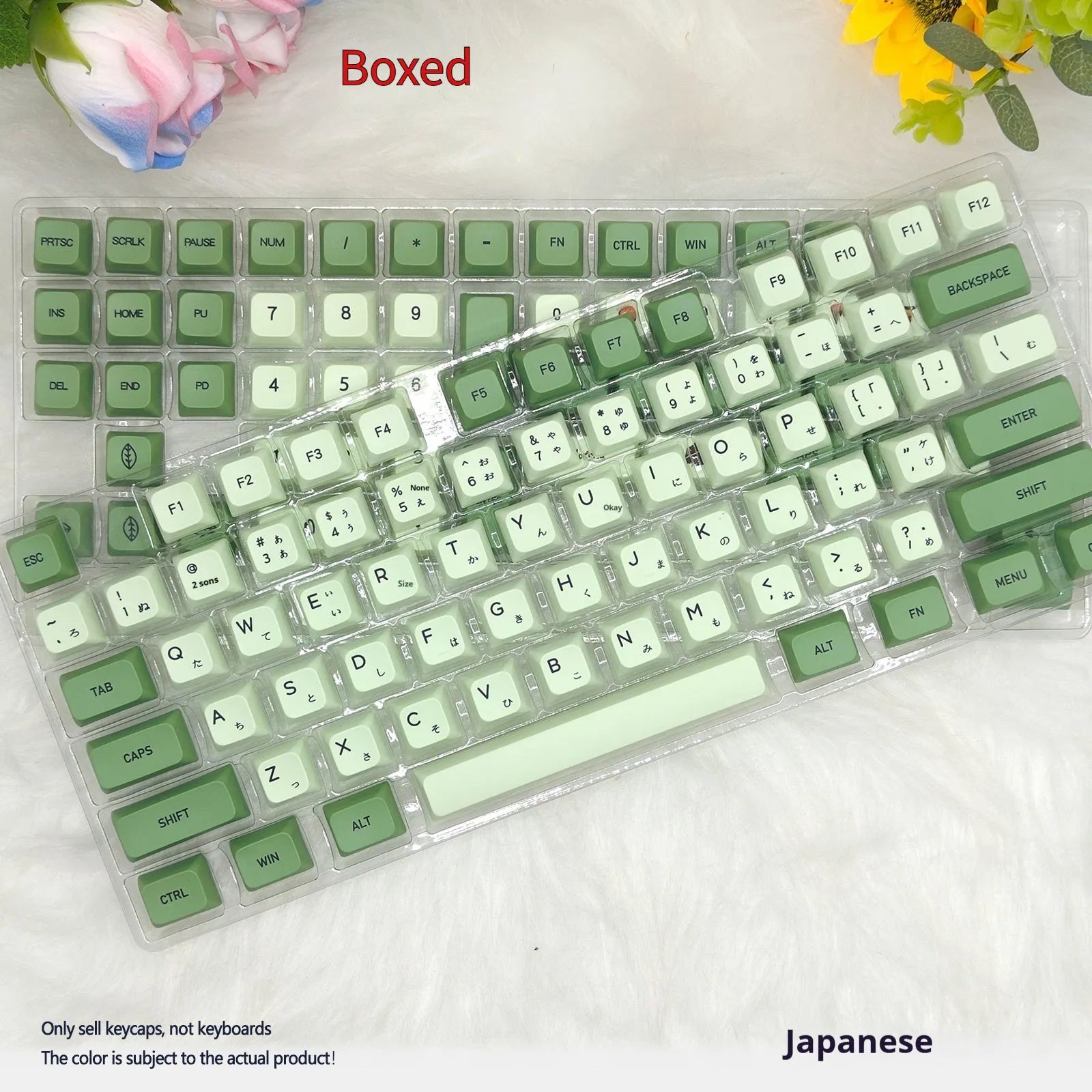 124 PBT keycaps in Matcha green colour arranged by language layout for mechanical keyboards