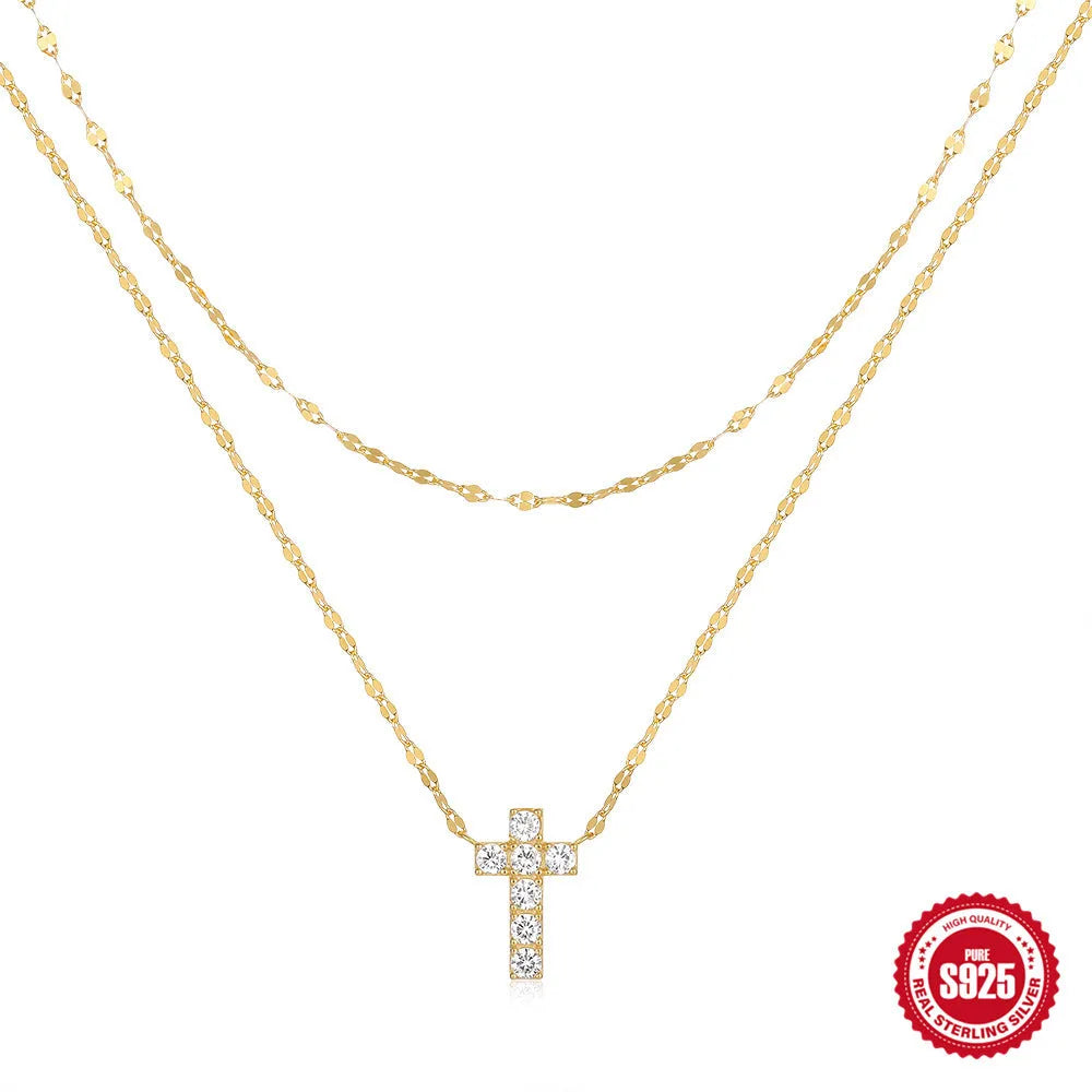 S925 sterling silver double layer twin diamond cross pendant necklace on clavicle chain in gold colour