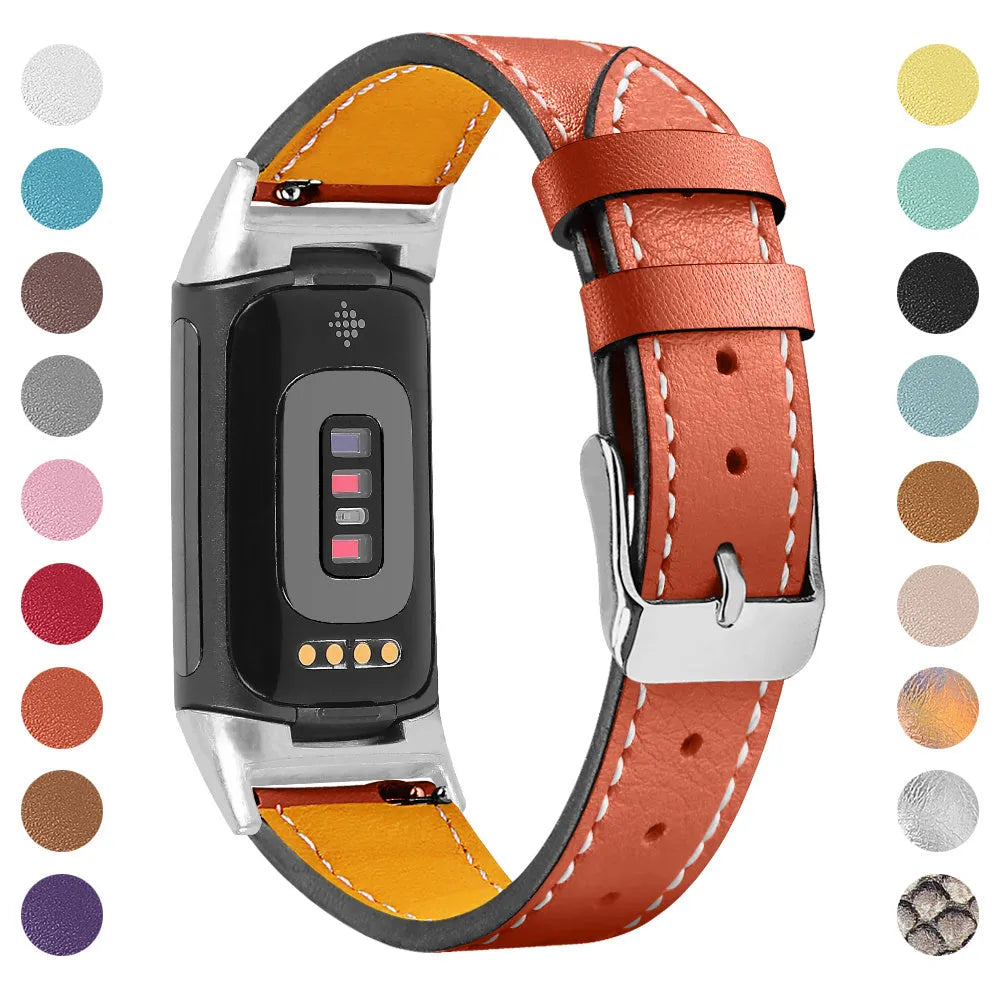 Genuine leather watch strap for Fitbit Charge 5 and Charge 6 fitness trackers on a wrist.
