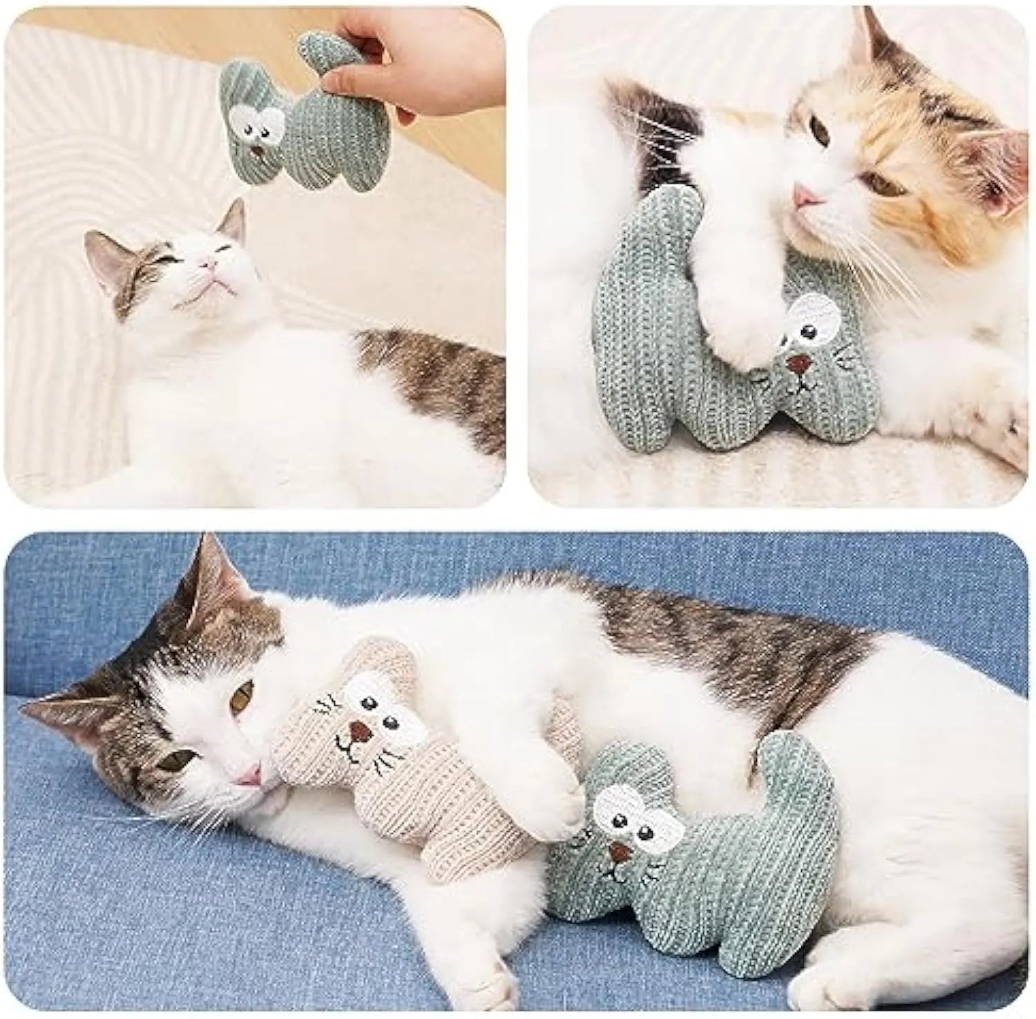 Cyan and light coffee coloured plush catnip toy with a bell, shown next to a measuring tape indicating 12cm length.