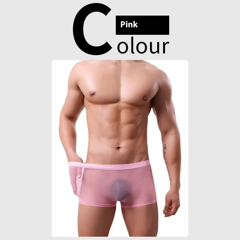 Men's mesh boxer briefs in breathable polyester fabric with low waist design