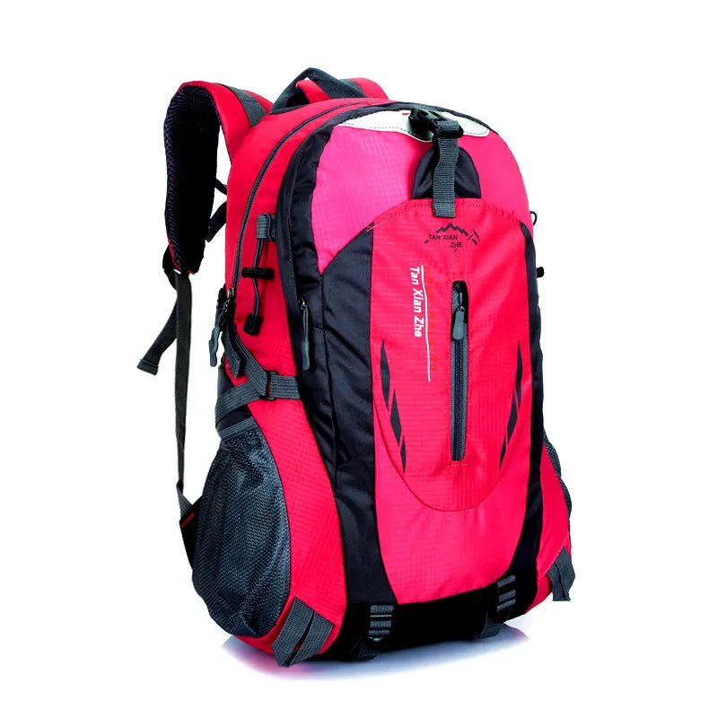 Large green Oxford cloth outdoor backpack with double straps, showing laptop compartment and ID holder.