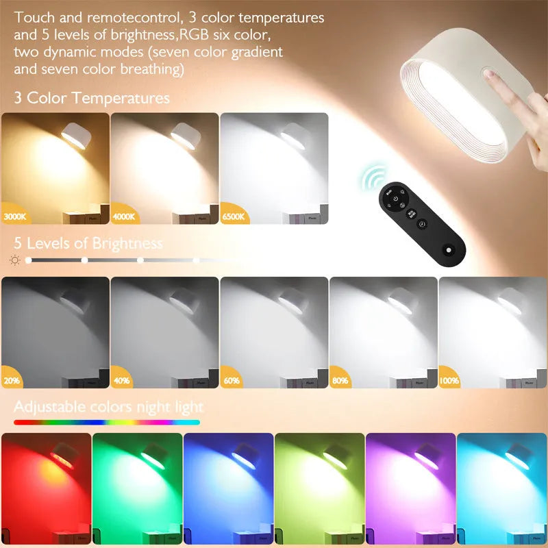 Modern oval remote touch magnetic wall lamp shown in white or black with a remote control for colour changing.