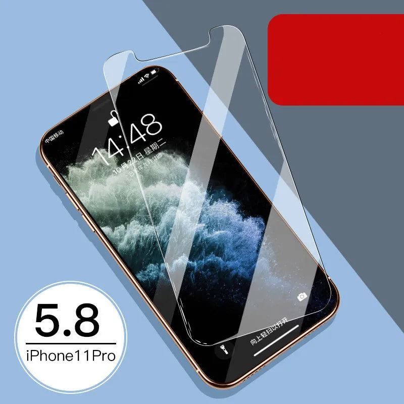 Tempered glass screen and rear camera protectors for Apple iPhone models on a white background.