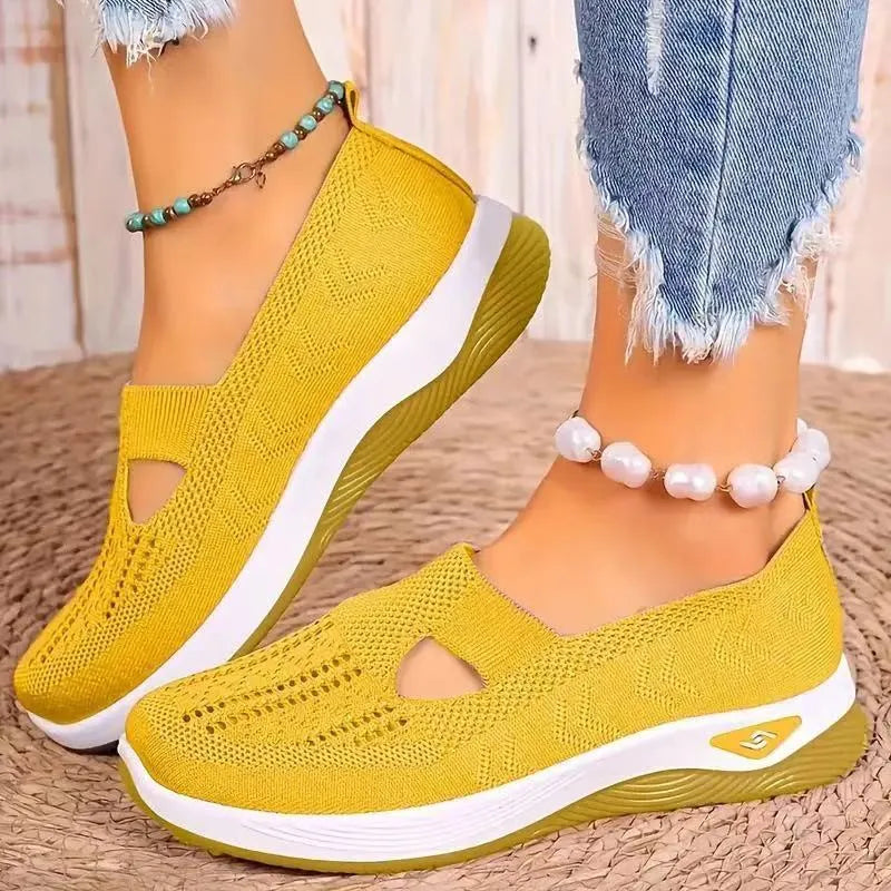 Casual mesh T-strap flat shoes with soft PVC sole in multiple colours on a white background.
