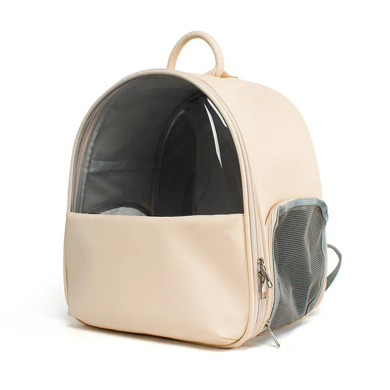 Fine grain leather transparent pet backpack carrier in beige with pet inside, front view