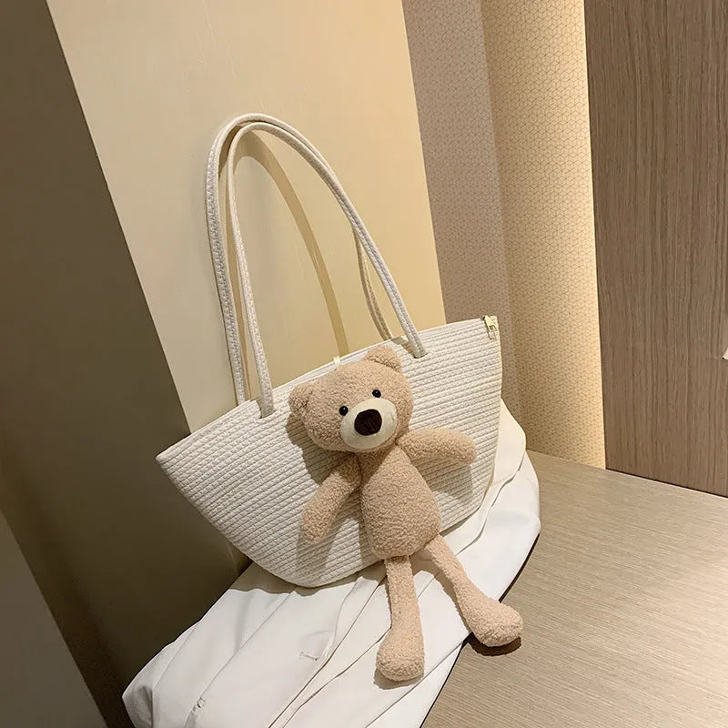 Cotton linen woven dumpling shaped bag with double straps and three-dimensional pocket in multiple colour options