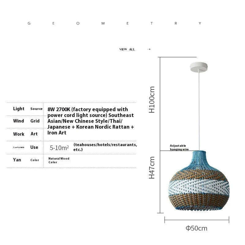 Vine woven rattan pendant lamp with natural weave pattern in Southeast Asian pastoral style