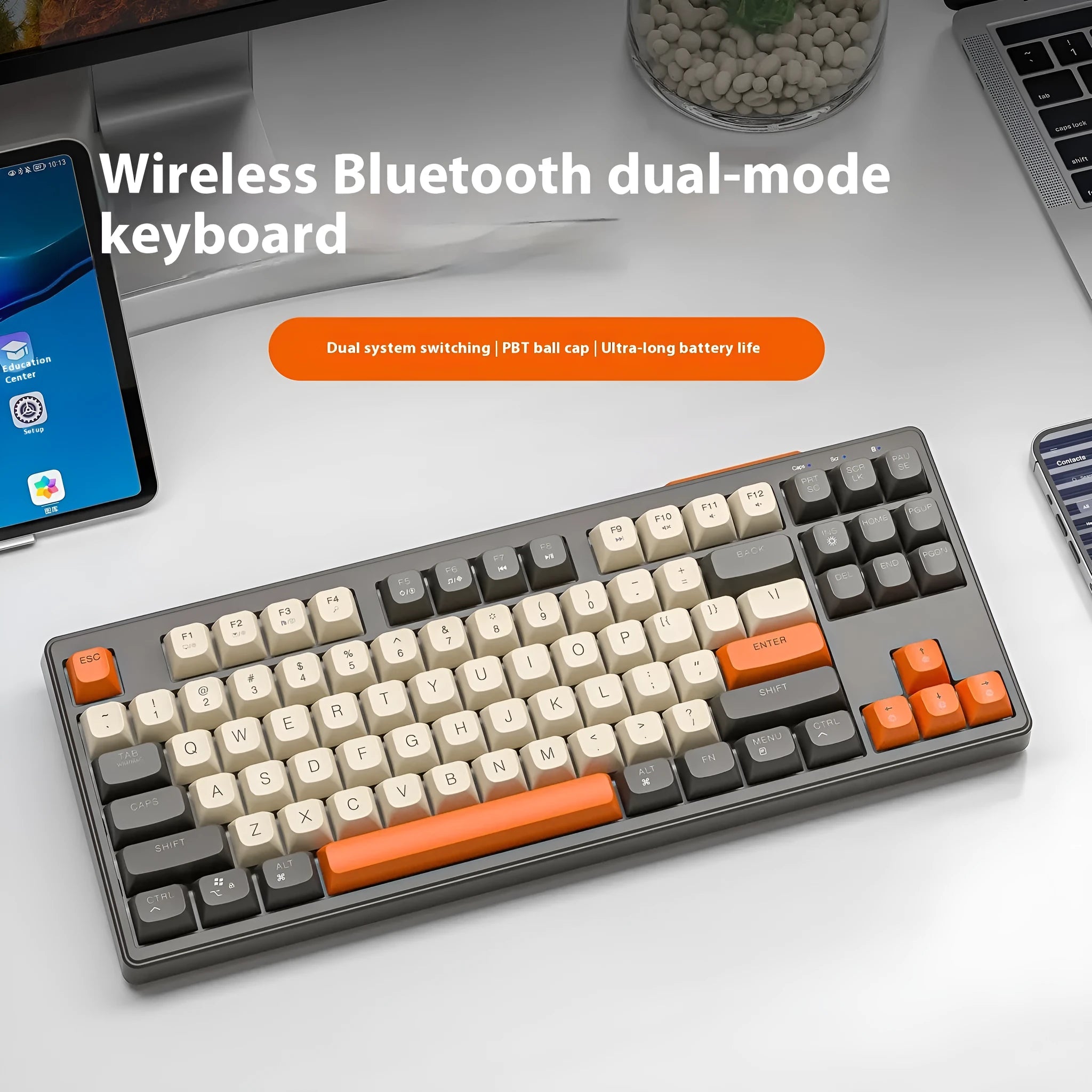 Free Wolf M87 wireless Bluetooth dual-mode keyboard in compact 38cm ABS plastic design