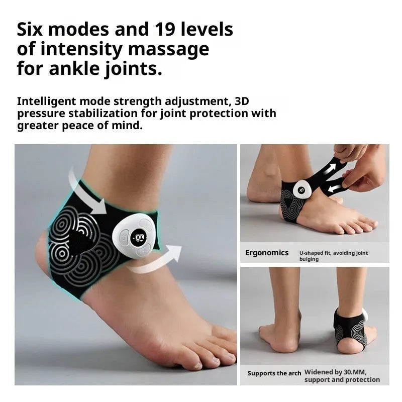 Black sports anti-odor foot massager with adjustable ankle strap and spray bottle on a table