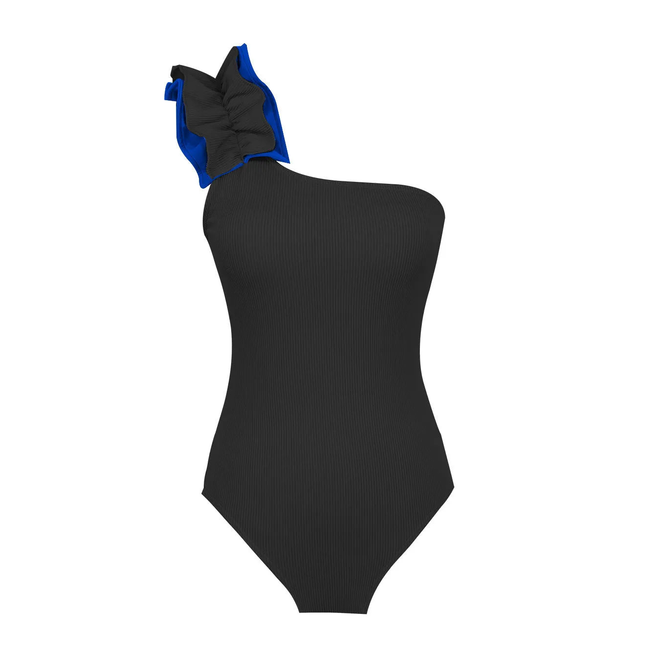 Women's solid colour single-shoulder two-piece swimsuit with high-waist bottoms on a mannequin.