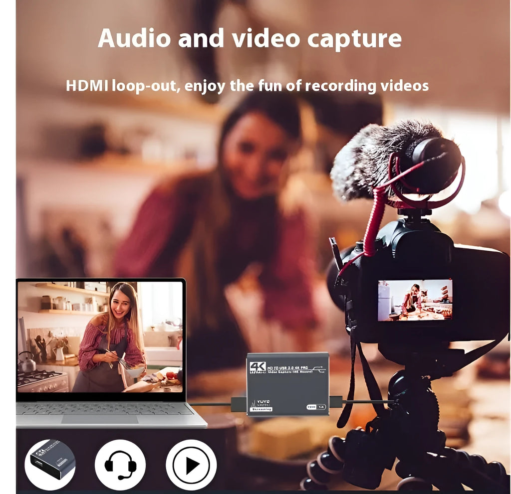 Black 4K gaming set-top box with MS2131 chip for audio recording and universal OS compatibility.