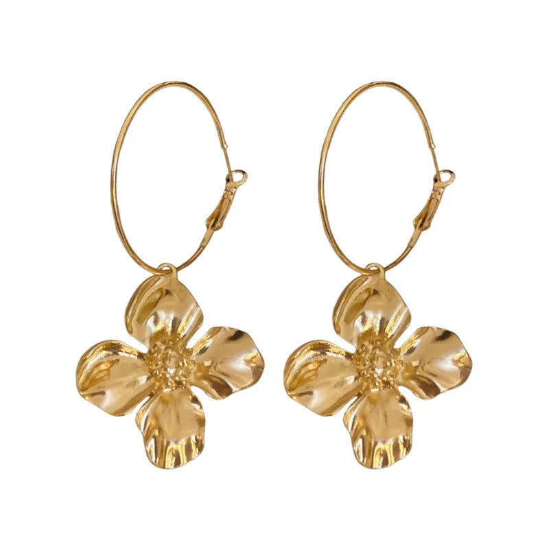 Silver needle metal flower earrings with geometric cold style in gold or silver electroplated finish
