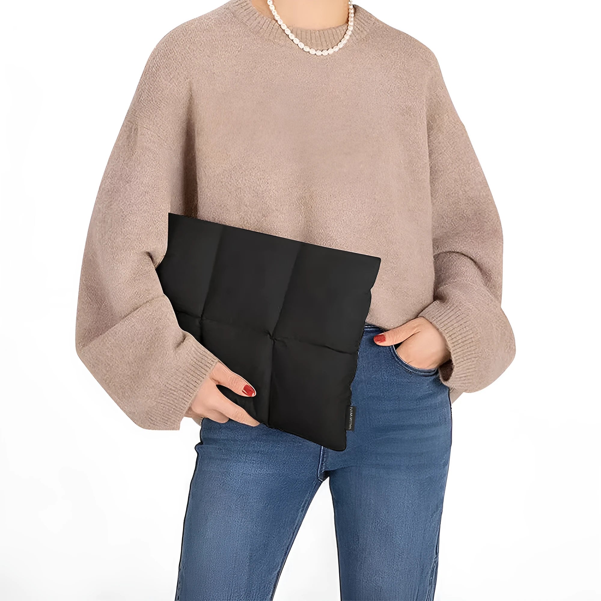 Black or khaki polyester laptop sleeve with fluffy lining for 13, 13.6, 15, or 15.6-inch laptops.