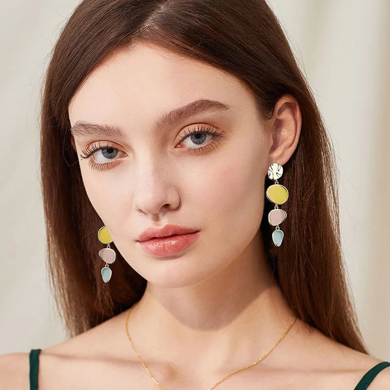Sterling silver finish drop earrings with a Morandi three-colour oil-dripped wafer disc design.