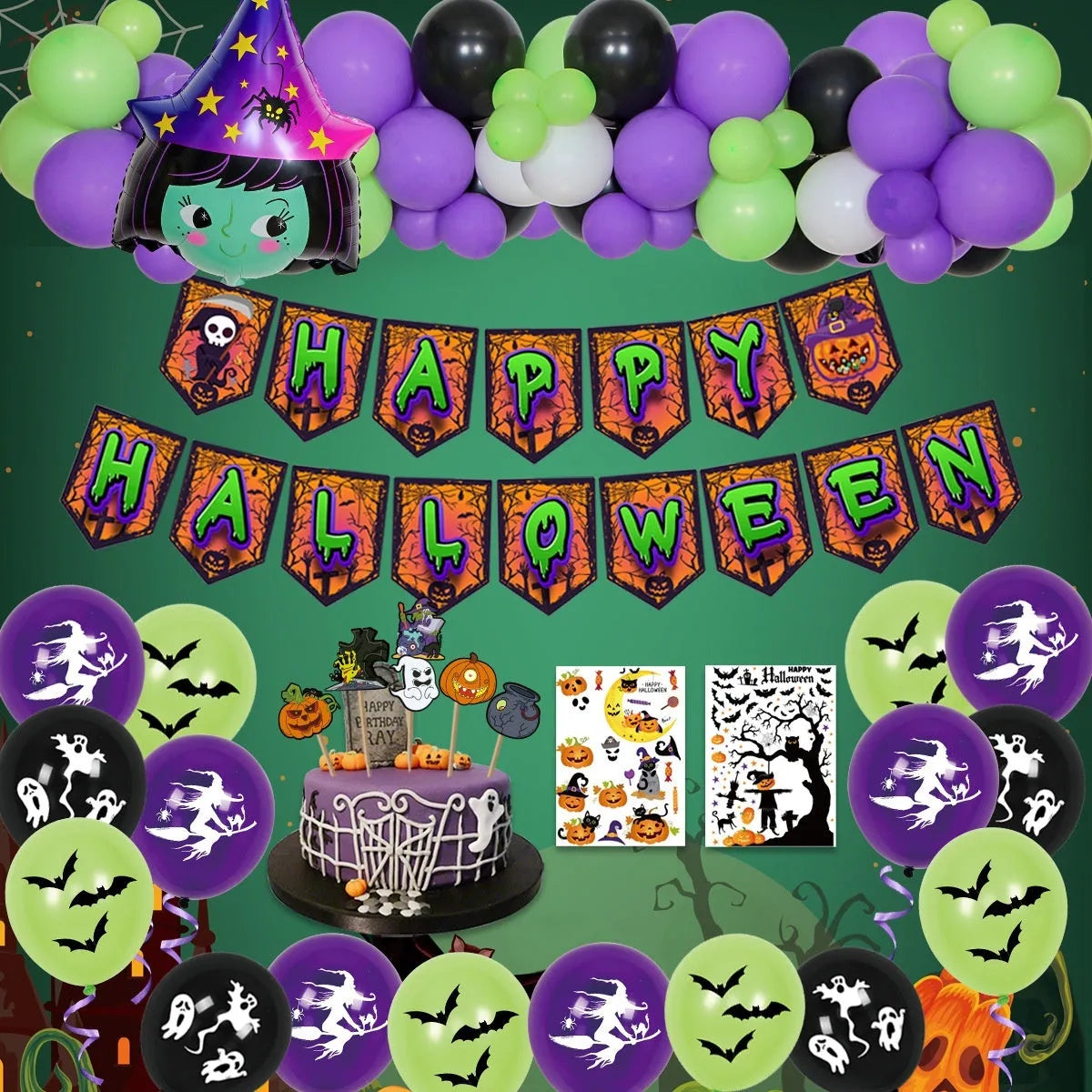 Halloween spider balloon arch combo with white and black skull and pumpkin latex balloons