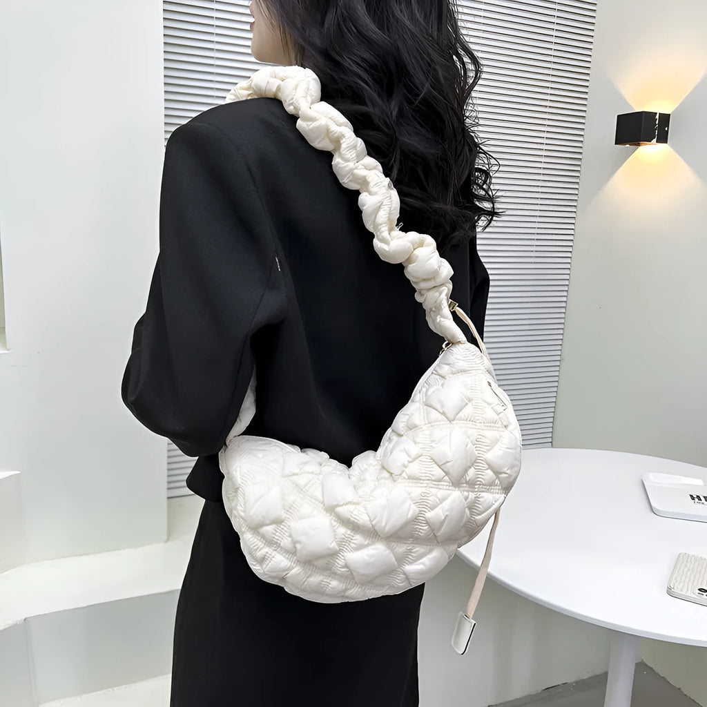 Women's nylon shoulder messenger bag in beige colour showing adjustable strap and dimensions
