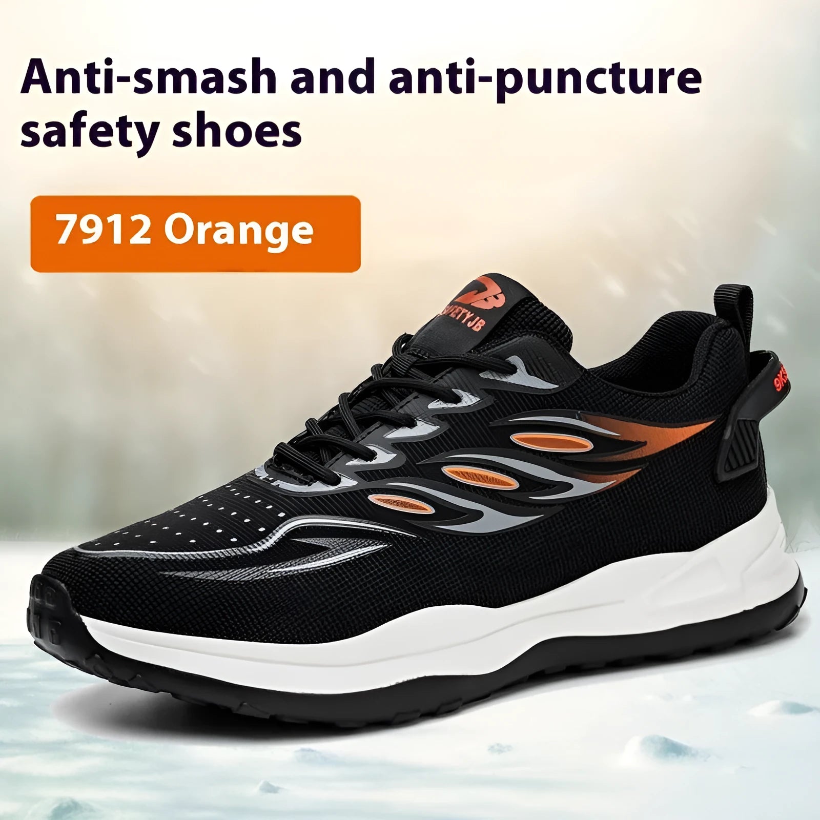 Orange and grey lightweight leather labour protection shoes with rubber soles on a white background