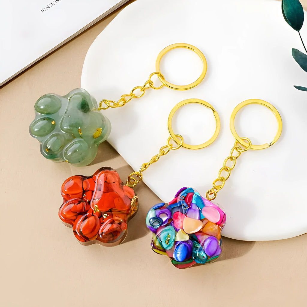 Natural crystal cat's paw keychain with small pendant and gemstone beads