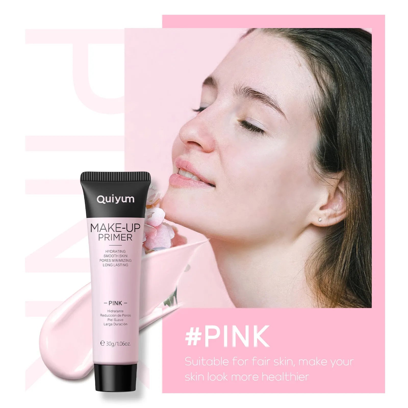 30g moisturising colour-correcting makeup primer in purple, pink, and green shades in colour box packaging