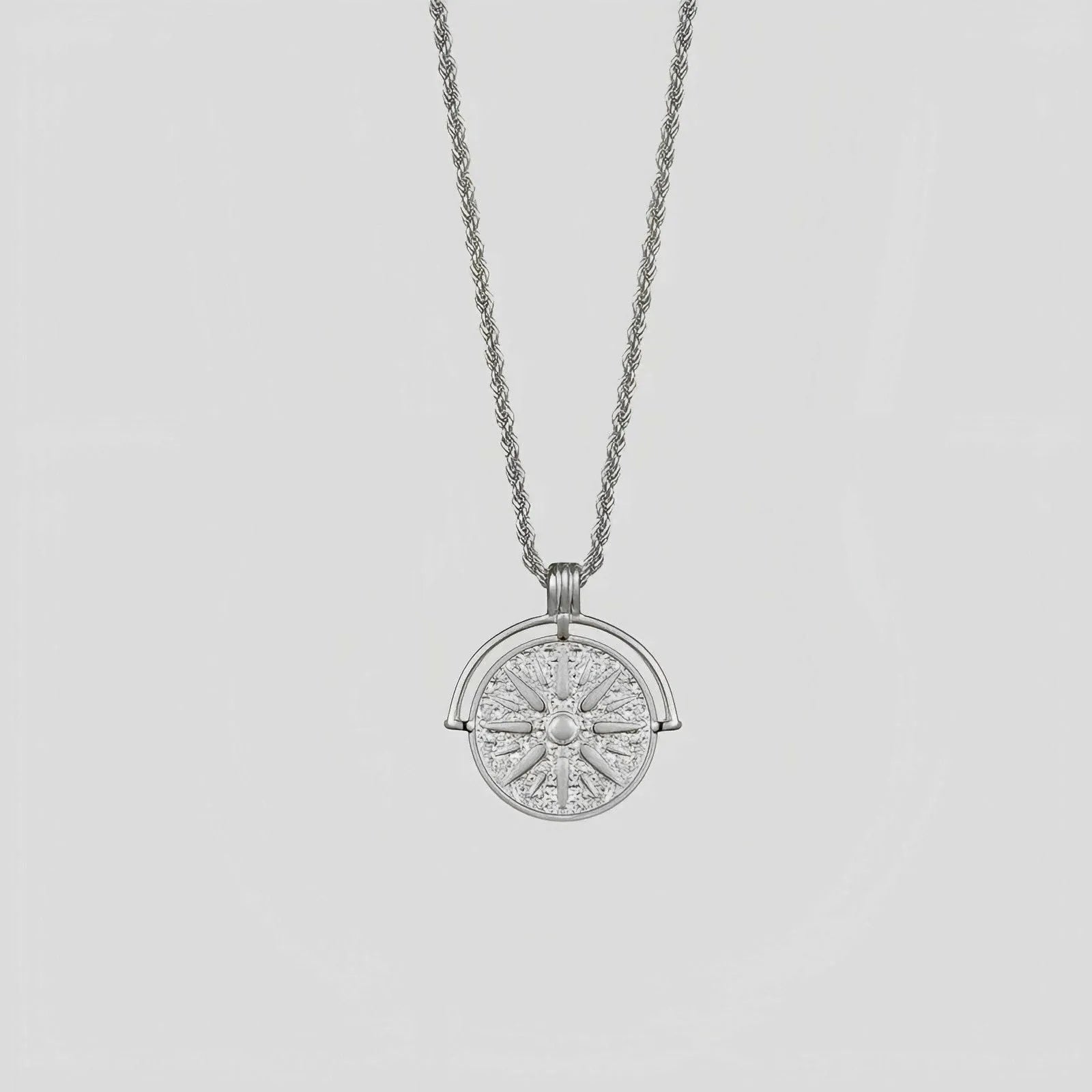 Women's titanium steel sunflower pendant necklace with embossed round design and hemp flower chain