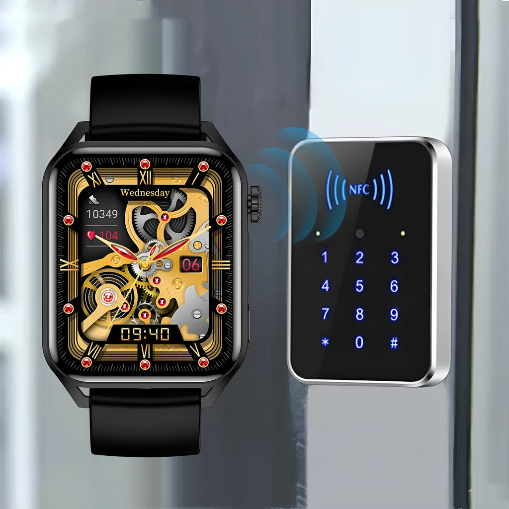 Simple AMOLED smart watch with NFC on a silicone strap in pink, black, or silver grey