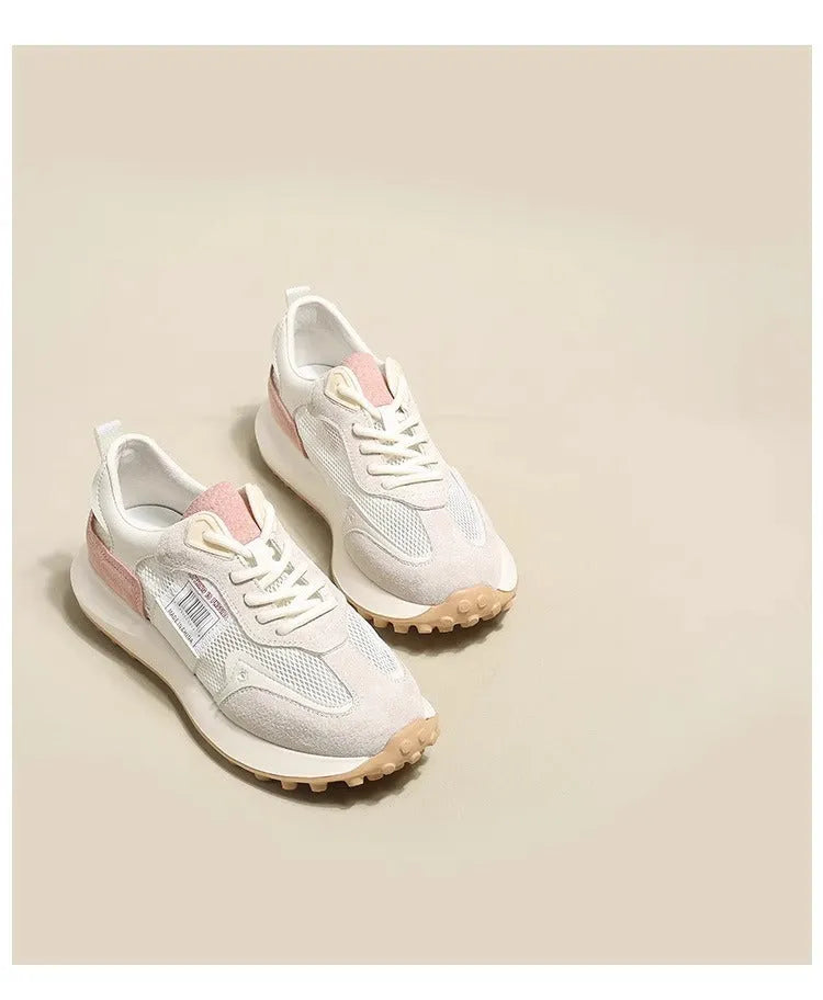 Women's grey and pink retro low-top sneaker with round toe and rubber sole