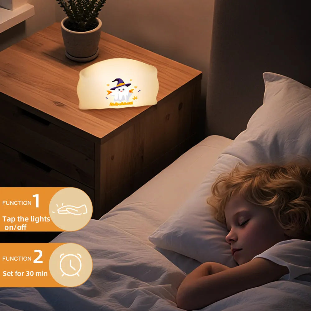 Cartoon Halloween doll table lamp in Magic Ghost or Pumpkin Ghost design measuring 99x70x50mm with USB Type-C charging port