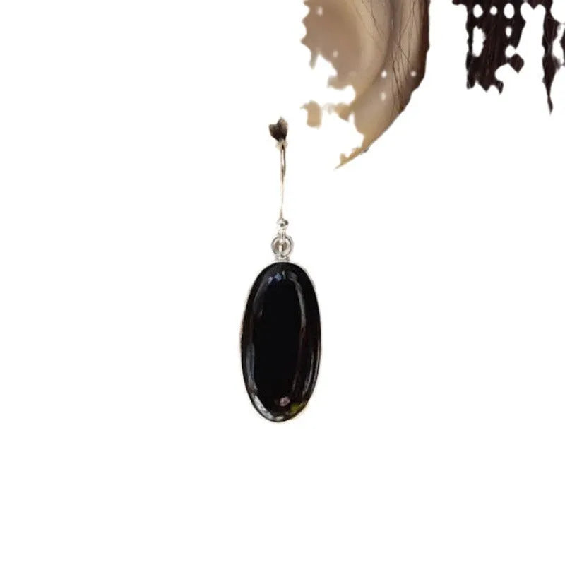 Pair of black geometric women's earrings with oval agate pendants and 925 silver ear wires.