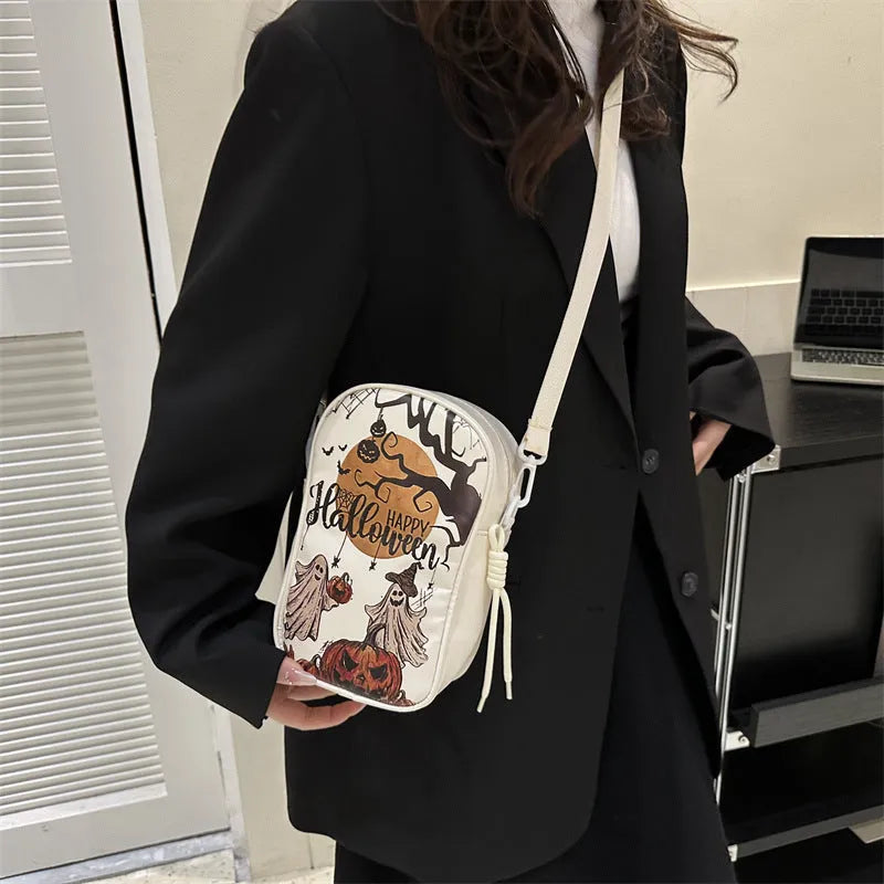 Black Halloween graffiti mini crossbody bag with cartoon pumpkin ghost bat print