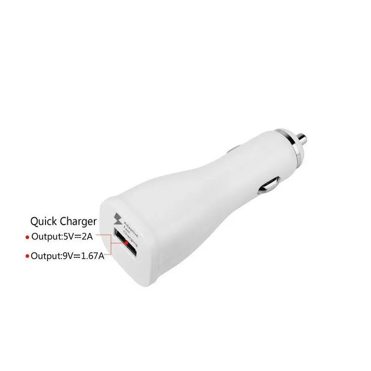 White QC2.0 single port USB car charger showing compact dimensions for vehicle installation