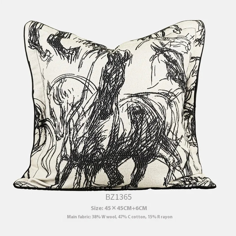Modern abstract golden horse design jacquard cushion in square and waist pillow sizes