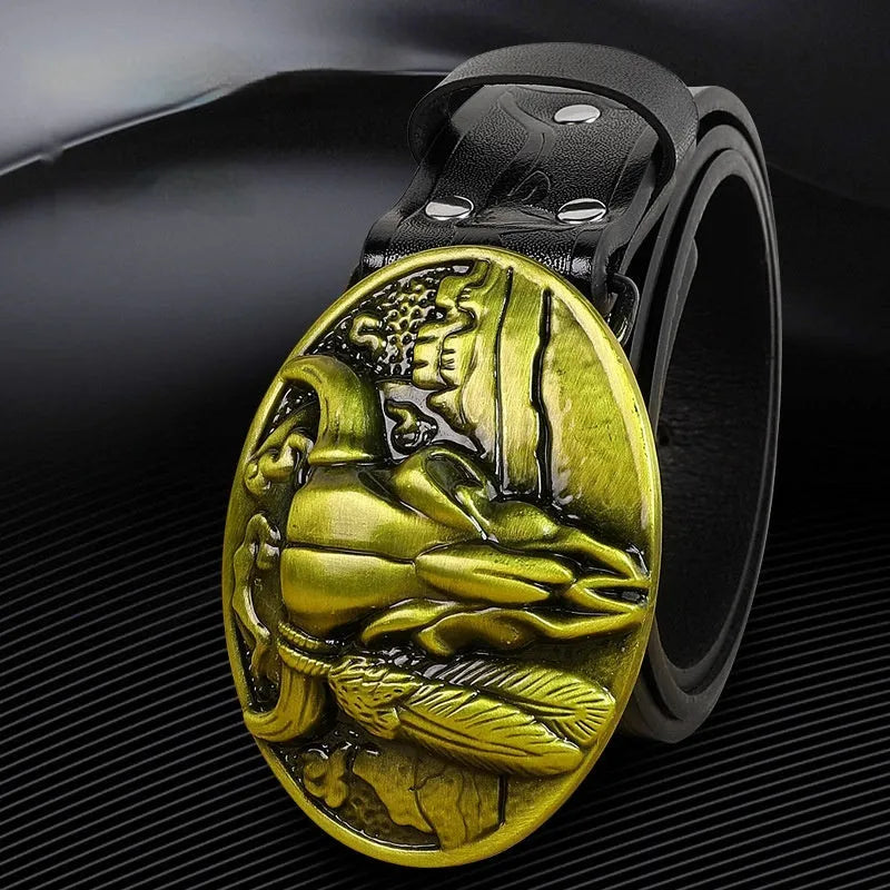Men's black cow head buckle belt with detailed alloy casting on an imitation leather strap.