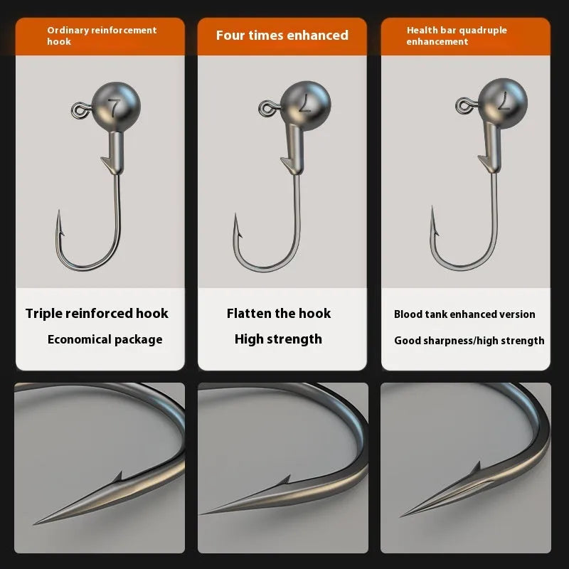 Set of 50 enhanced jig fishing hooks with 4-times strengthened steel construction in primary colours