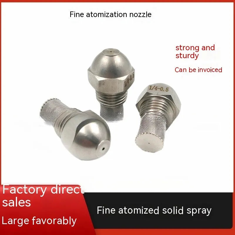 304 stainless steel fine atomization spray nozzle with external thread and multiple aperture size options.