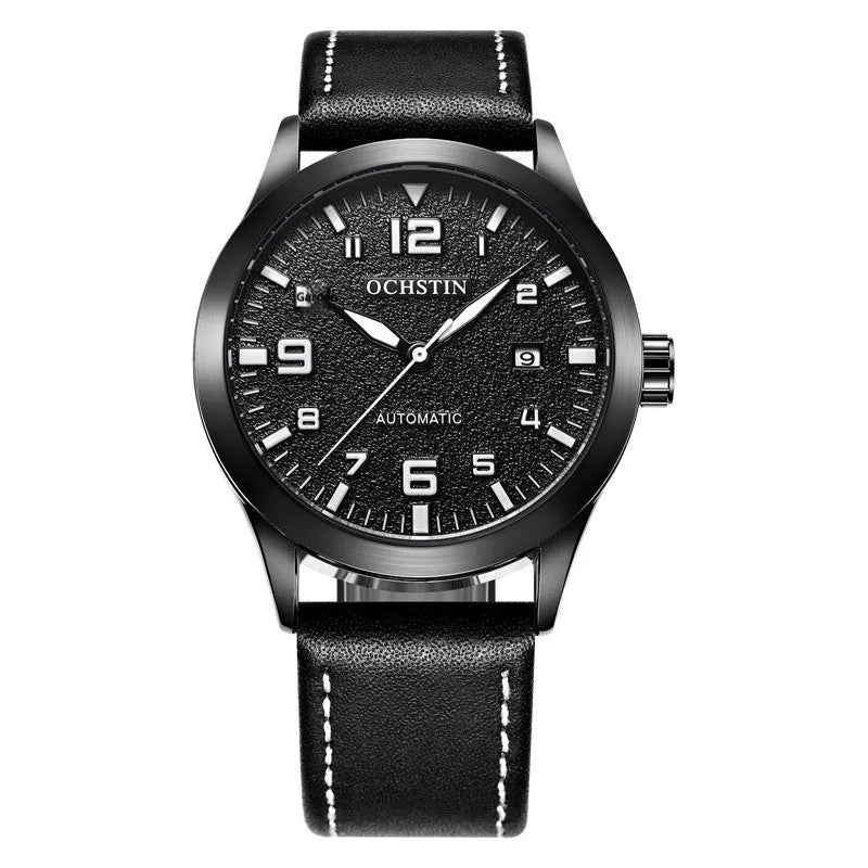 Men's automatic mechanical watch with leather strap and 12mm stainless steel case