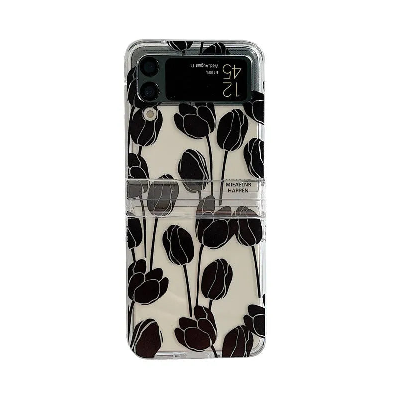 Samsung Galaxy Flip phone case with flower pattern and folding screen protector in clear PC material