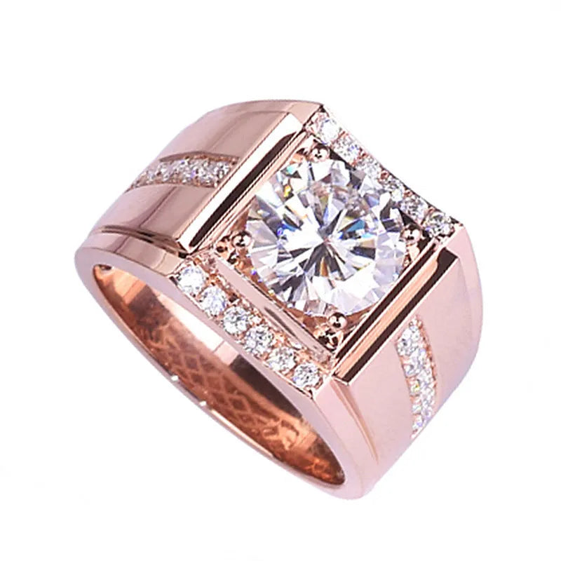Geometric diamond zircon men's ring in rose gold on a hand, showing adjustable open mouth design.