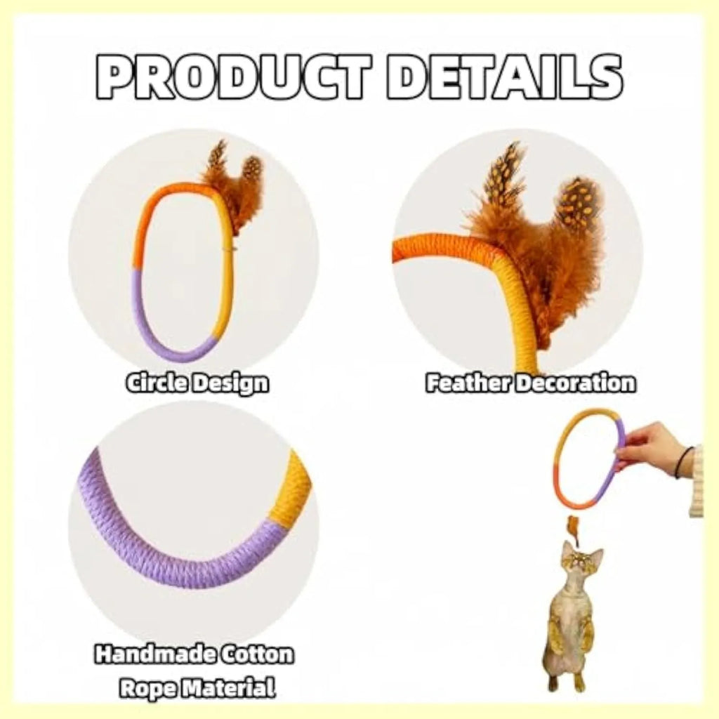 Green circular cotton rope cat toy with feathers and catnip for chewing and kicking play