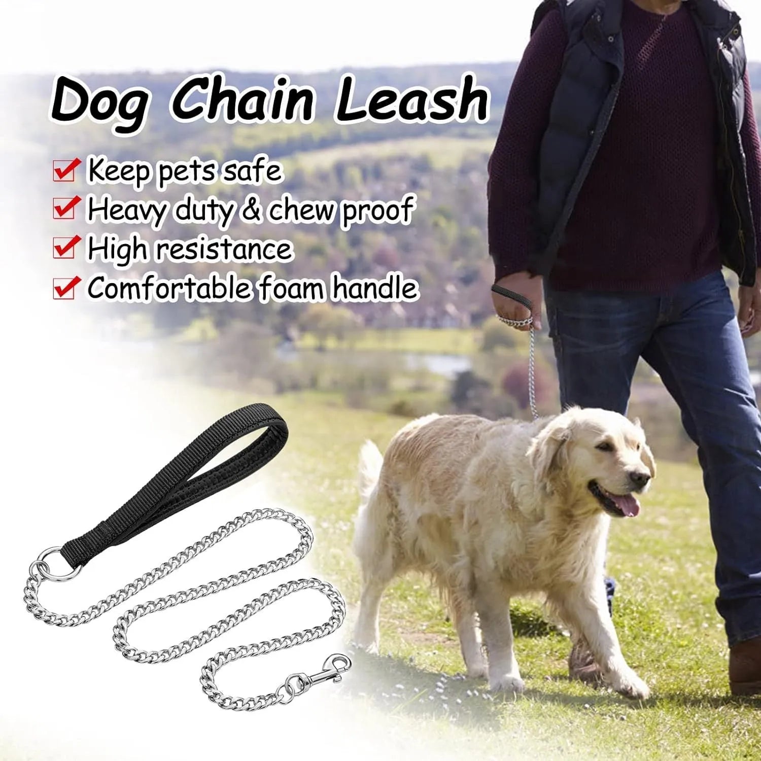 Heavy duty chrome metal dog leash chain with a black soft padded handle.