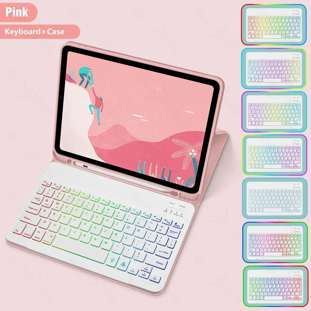 iPad leather protective case with built-in luminous RGB backlit Bluetooth keyboard and optional mouse in various colours.