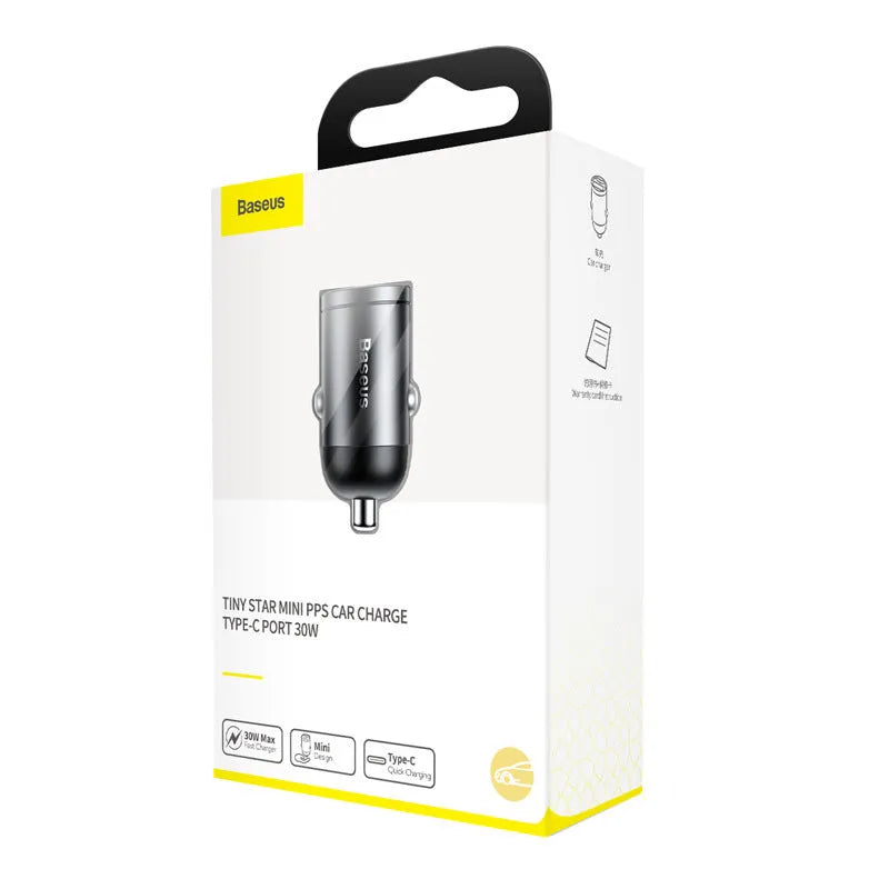 Baseus electro-optical grey 30W PPS fast car charger with 1 metre USB cable for mobile phones