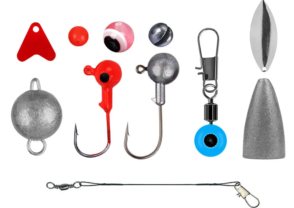 Orange ABS plastic box open to show compartments filled with fishing hooks and lure accessories.