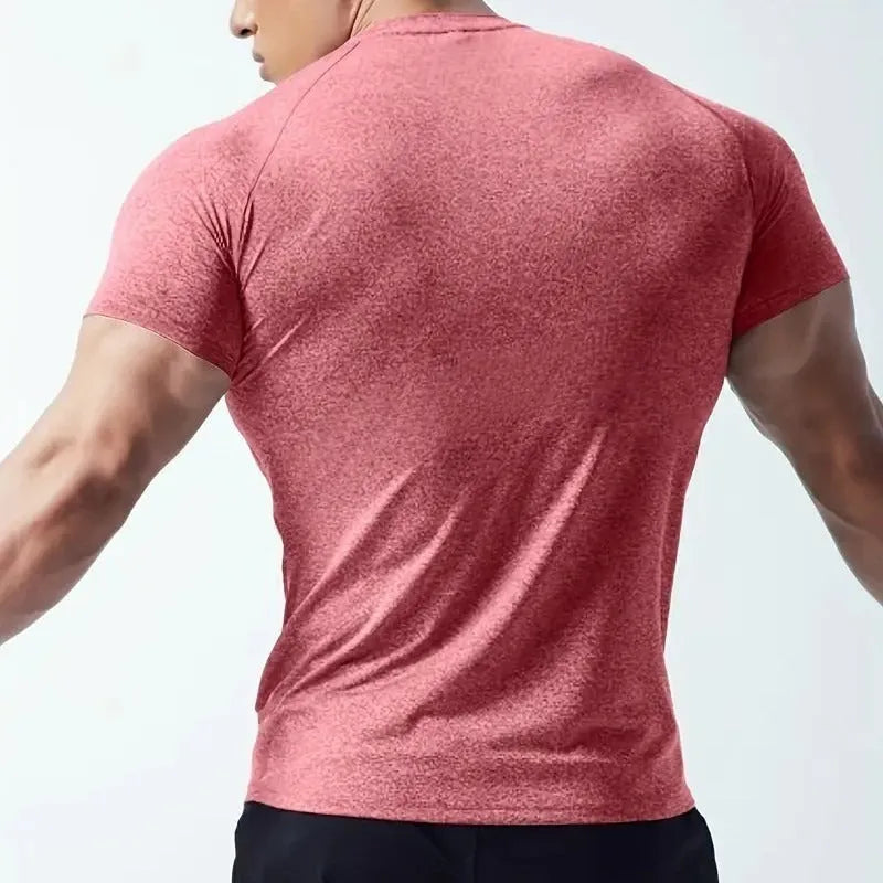 Men's cationic polyester running short sleeve top in green with tight stretch construction