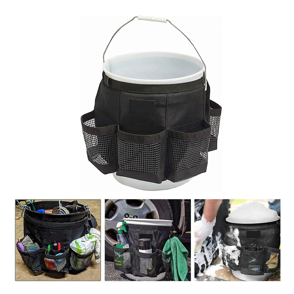 Black cylindrical polyester hanging storage bag on a 5 gallon drum