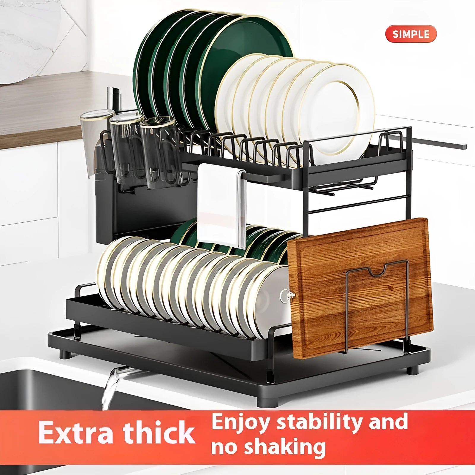 White and black double-layer kitchen storage rack with removable draining section for utensils.