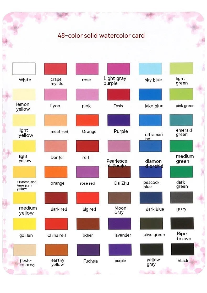 48-colour solid watercolour paint set in box with Black Knight, Girl Pink and Sunshine Blue shades