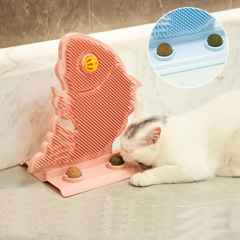 Plastic cat wall scratcher fish shape 31cm with self-grooming brush and catnip balls